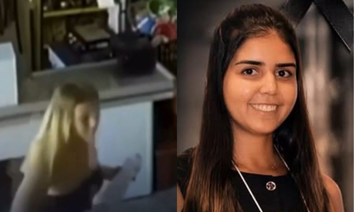 Imagem mostra jovem suspeita de atear fogo em atendente de mercearia.
