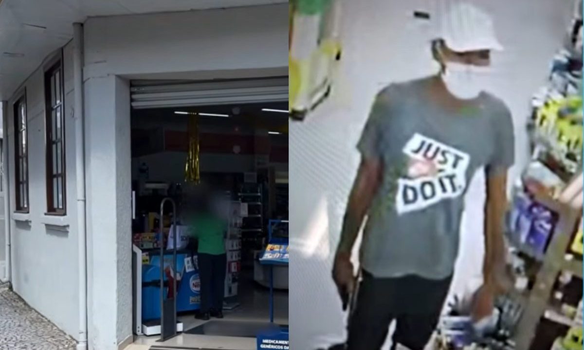 Homem de boné e máscara invade farmácia no Centro Cívico, em Curitiba, durante assalto registrado por câmeras de segurança em que roubou canetas emagrecedoras.
