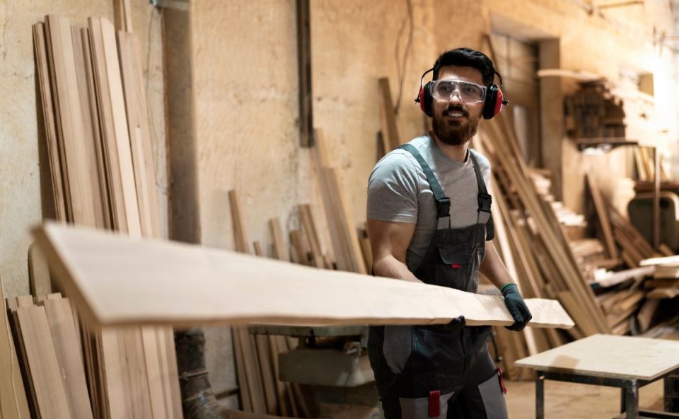 Carpinteiro trabalhando com chapas de MDF em ambiente de marcenaria