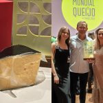Colagem de duas fotos do melhor queijo do mundo, a primeira com sua amostra e a segunda com os produtores segurando o prêmio.