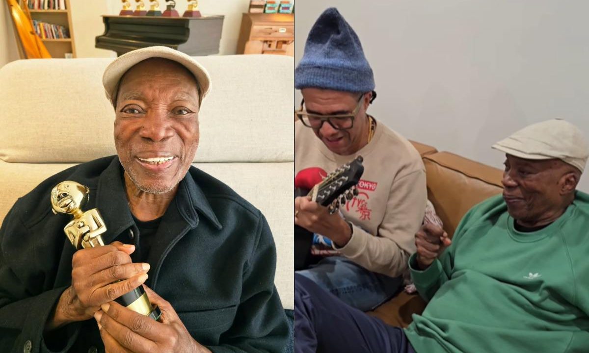Fotos do cantor Milton Nascimento, de um lado ele segura um estatueta, do outro, aparece tentando cantar