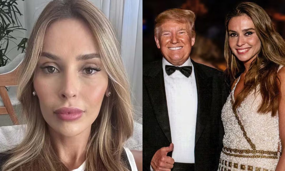 Imagem que mostra foto da modelo paranaense Amanda Ungaro em uma selfie e ao lado de Donald Trump, a quem ela ameaça expor.