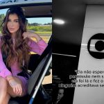 Foto da modelo Ana Luiza em helicóptero e foto da entrada da Globo; jovem participou de novela