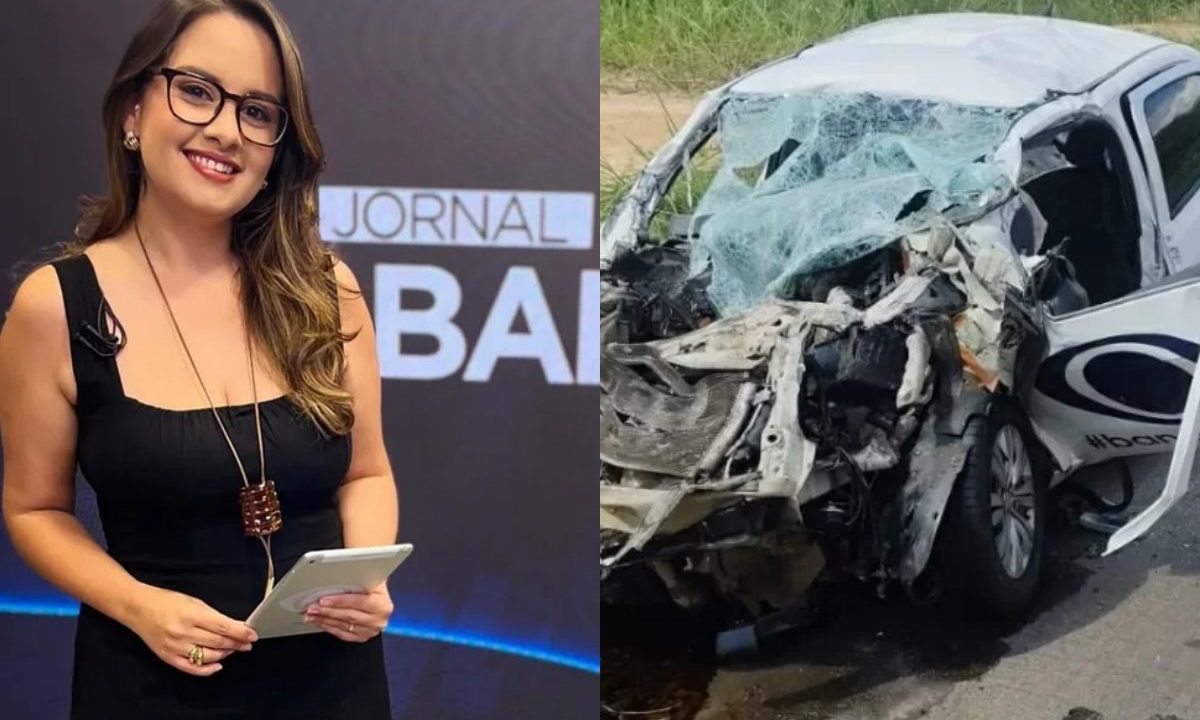 Colagem de duas fotos mostra, à esquerda, Alice Ribeiro, a repórter da Band Minas que morreu após sofrer um grave acidente na BR-381. À direita está carro de reportagem da Band Minas completamente destruído após colisão com caminhão.