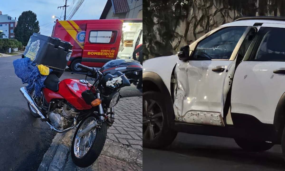 Moto de motociclista que atingiu lateral de carro e veículo danificado