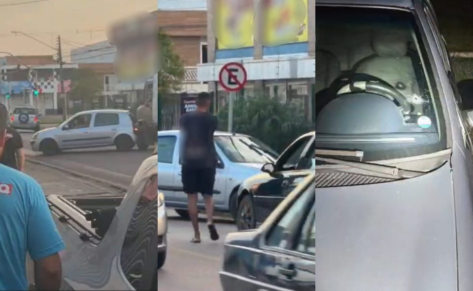 Colagem de três fotos mostra motorista descontrolado batendo em carros e avança contra policial militar antes de ser contido após disparo