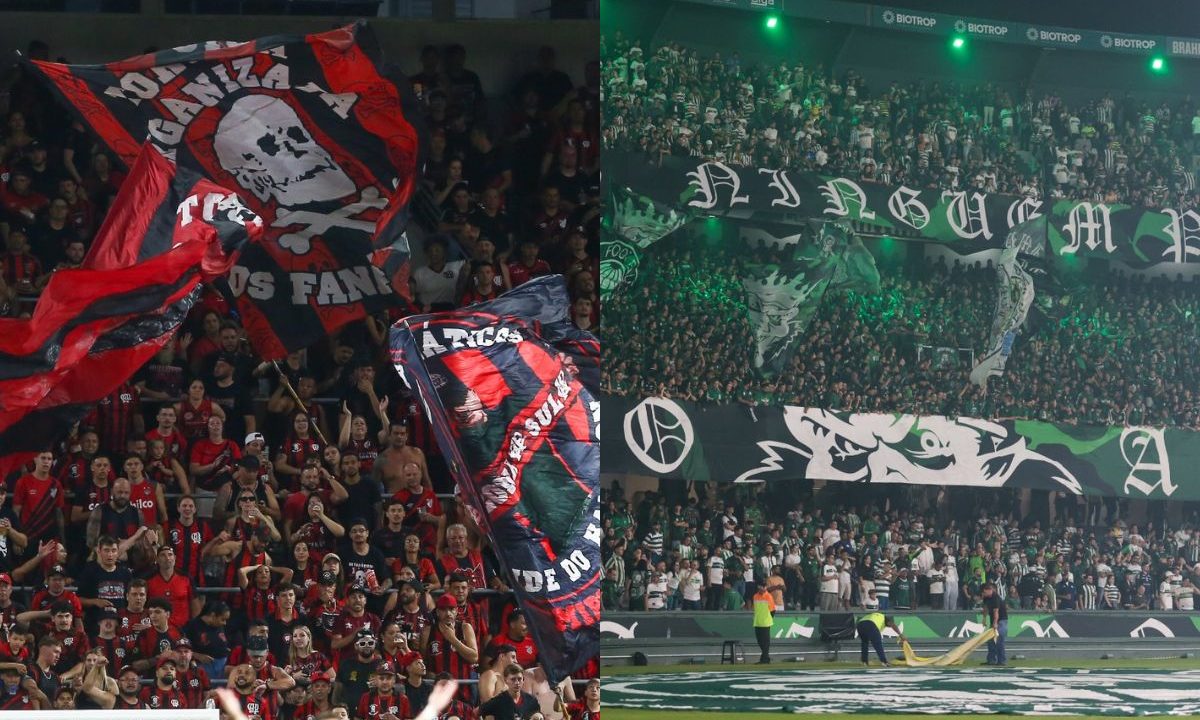 Montagem com torcidas de Athletico e Coritiba nas arquibancadas, com bandeiras vermelhas e pretas dos Fanáticos e verdes e brancas da Império Alviverde