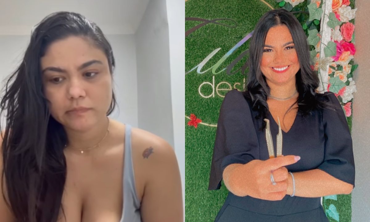 Colagem de duas fotos da mulher que perdeu a casa devido ao vício em apostas online.