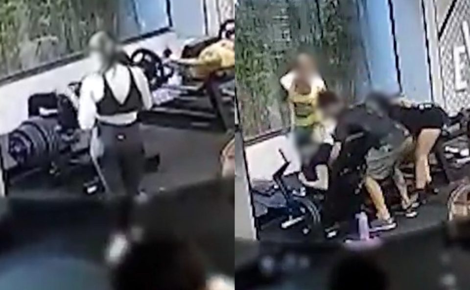 Imagem mostra o momento em que uma mulher quebra os dois joelhos de uma vez na academia. Ela estava fazendo exercício de elevação pélvica. Pessoas foram socorrer a vítima.
