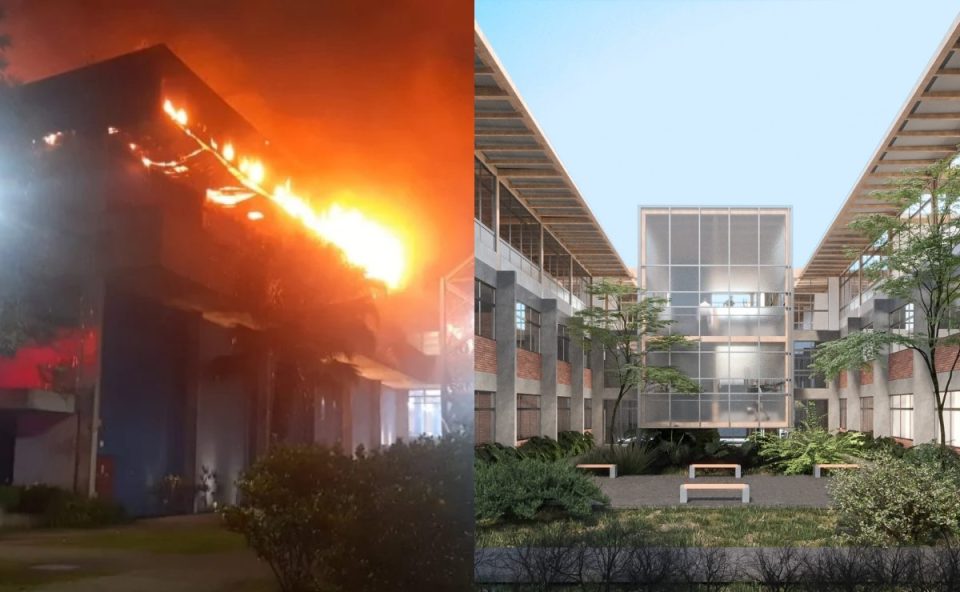 Imagem mostra comparação entre o incêndio no Bloco Azul da PUC-PR, com chamas atingindo o prédio à noite, e o projeto do novo edifício moderno e sustentável.