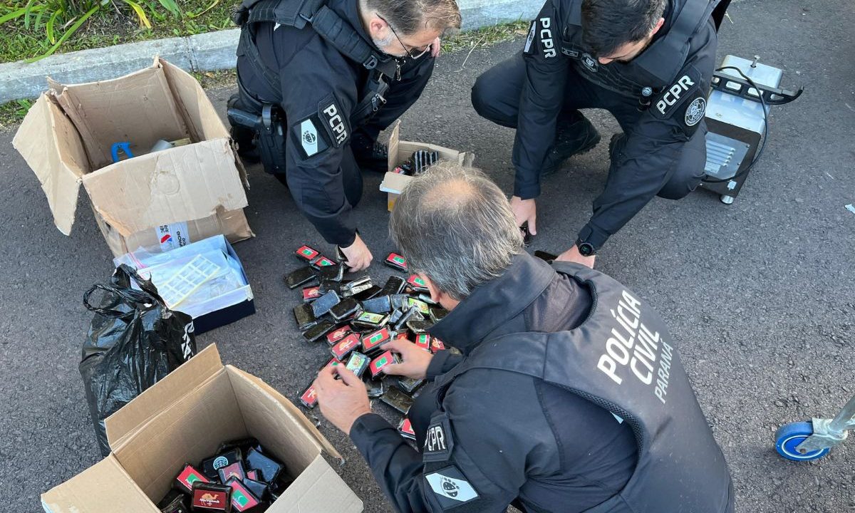 Policiais civis durante operação contra tráfico na RMC exibem drogas apreendidas em ação conjunta na Grande Curitiba