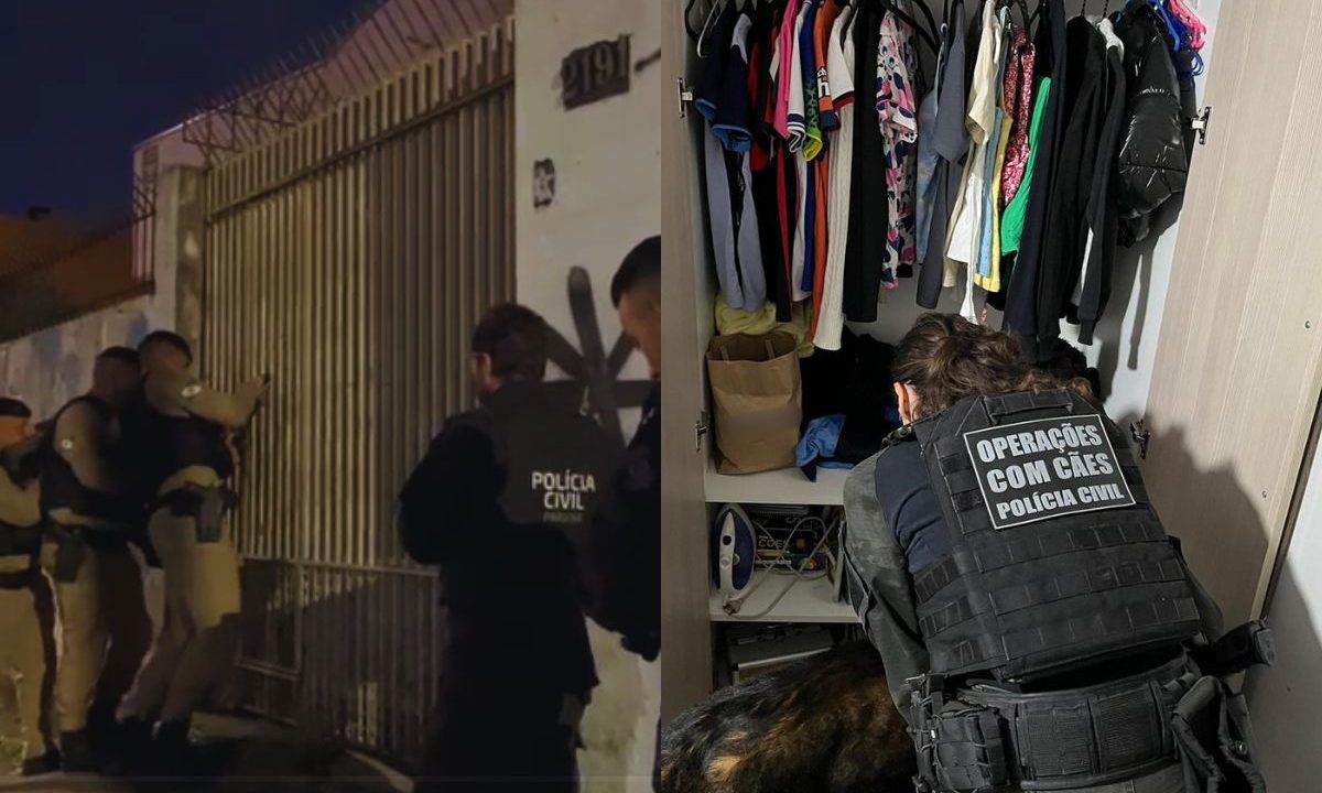 colagem de fotos. à esquerda fotos dos policiais no portao de uma casas alvo da operação contra o tráfico de drogas na grande curitiba. à direita, foto de uma policial mexendo no guarda-roupa de uma das casas