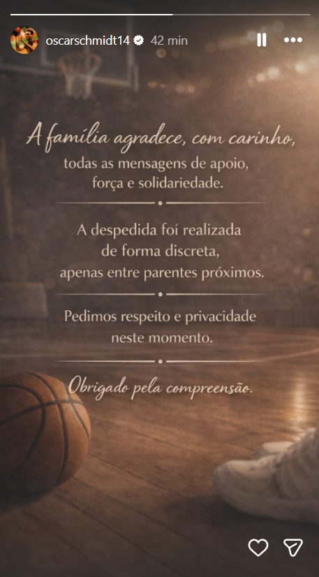 Mensagem postada pela família de Oscar Schmidt no Instagram.