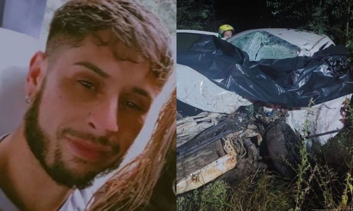 colagem de fotos. à esquerda, foto do pai que morreu junto com a bebê no acidente. à direita, foto do carro destruído após batida