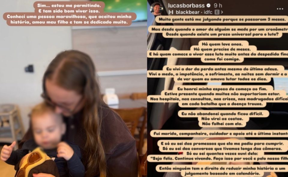 A imagem mostra dois prints, o primeiro é de uma mulher segurando um bebê no colo e o segundo é de um story do instagram com uma mensagem, o pai de Isabel Veloso postou uma indireta após o ex-genro assumir relacionamento
