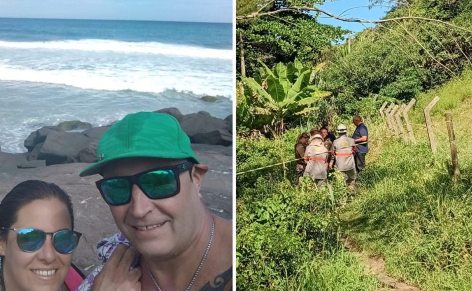 Colagem de duas fotos mostra, à esquerda, pai e filha que morreram eletrocutados em trilha de SC. À direita, há uma foto de bombeiros socorrendo vítimas