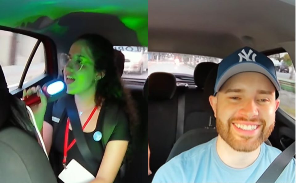 À esqueda, vemos Morgana, a passageira que cantou música do grupo Abba no karaokê durante a corrida. À direita, vemos Jordan Borba, o motorista de aplicativo que publicou o vídeo.