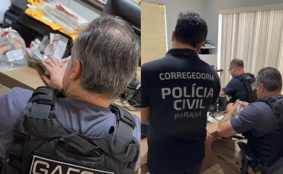 Agentes do Gaeco e da Corregedoria da Polícia Civil do Paraná durante operação contra policial civil afastado suspeito de diversos crimes.