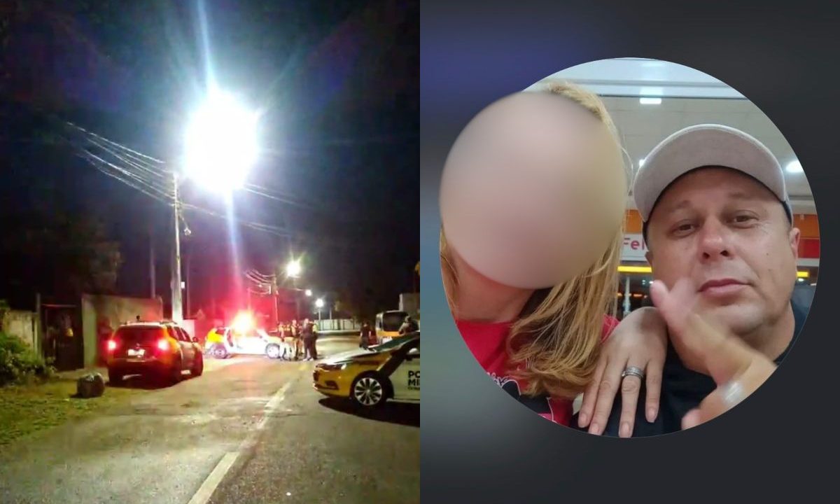 Local onde policial foi morto a tiros e vítima ao lado em montagem