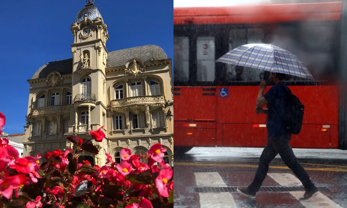 Flores em destaque em frente a prédio histórico e pessoa com guarda-chuva na chuva ilustram a primavera no Paraná