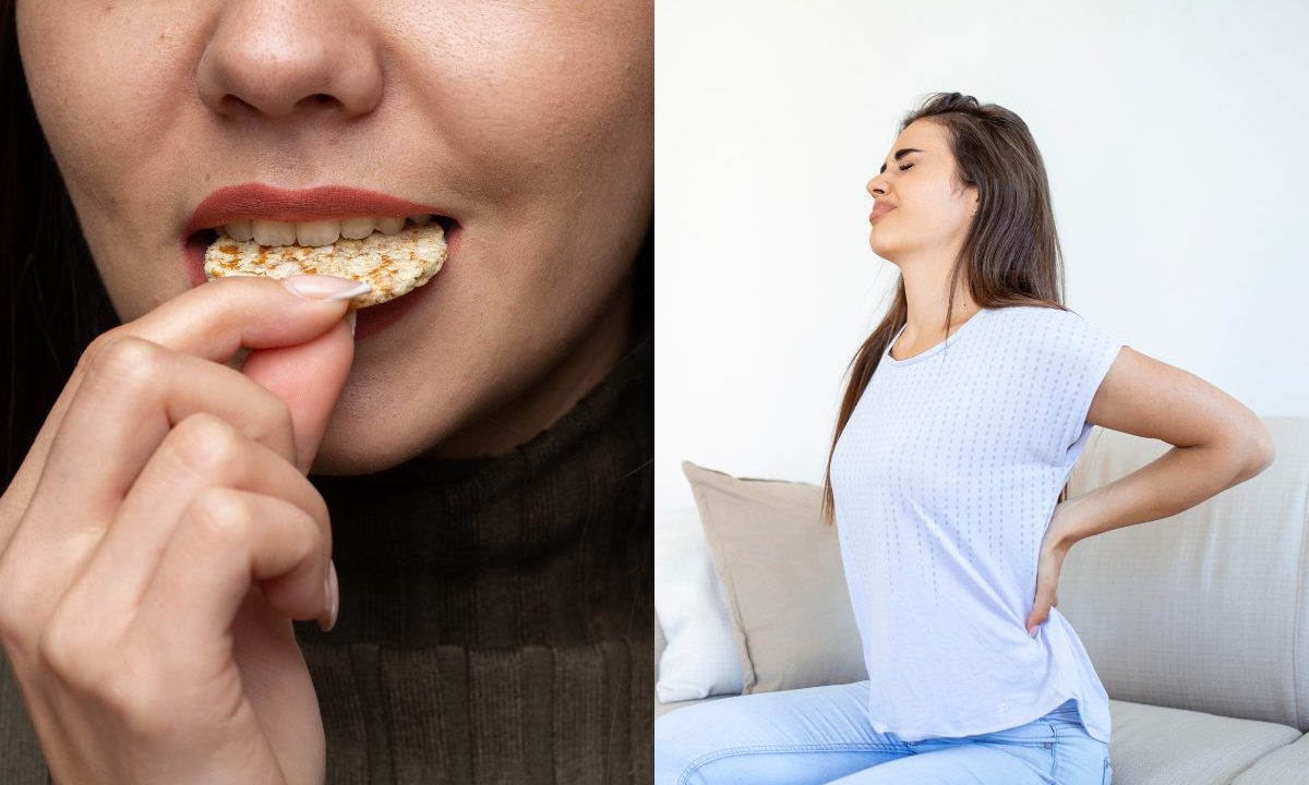 Mulher mordendo alimento com close nos dentes ao lado de outra mulher sentada com dor nas costas.