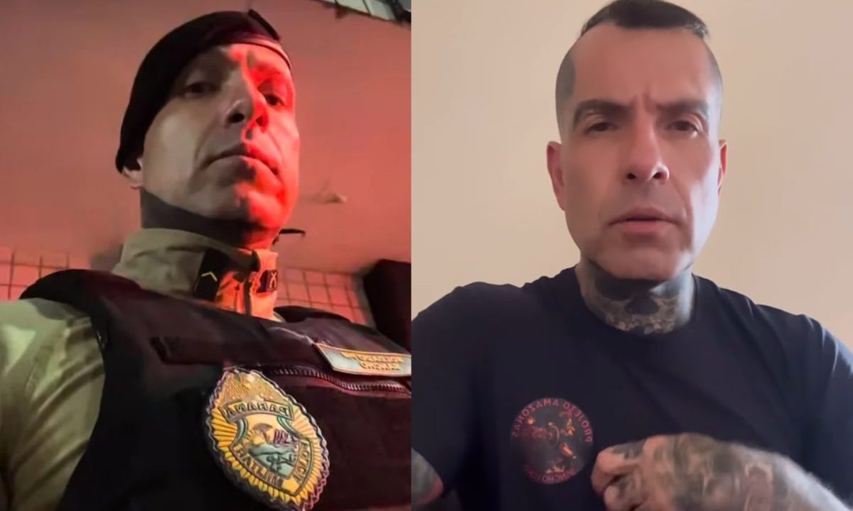 Montagem mostra policial militar fardado à esquerda e homem tatuado falando à câmera à direita, ambos associados ao caso do PM influencer “Sancho Loko”.