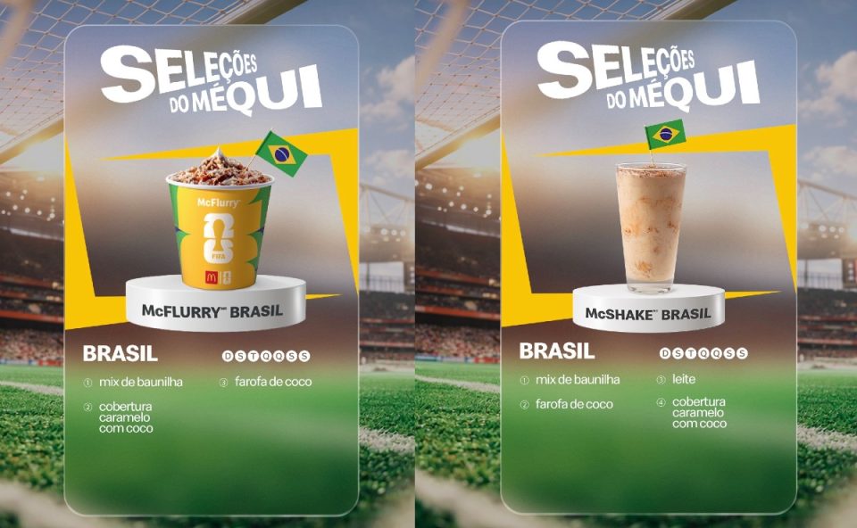 McFlurry Brasil e McShake Brasil, que têm coco e caramelo e são parte do novo cardápio Seleções do Méqui para a copa do mundo 2026