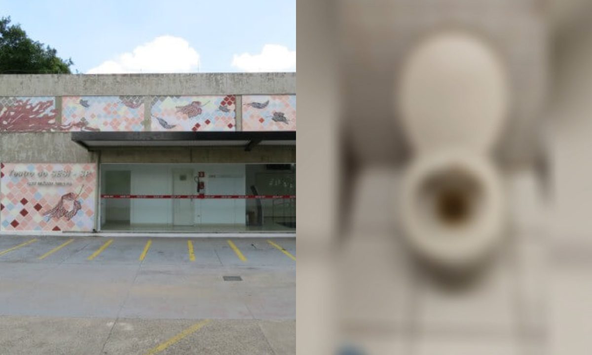 Colagem com duas imagens da escola SESI AE Carvalho, de São Paulo, que enfrenta problema de falta de água. A primeira mostra a fachada da escola e a segunda, um vaso sanitário da unidade com filtro borrado.