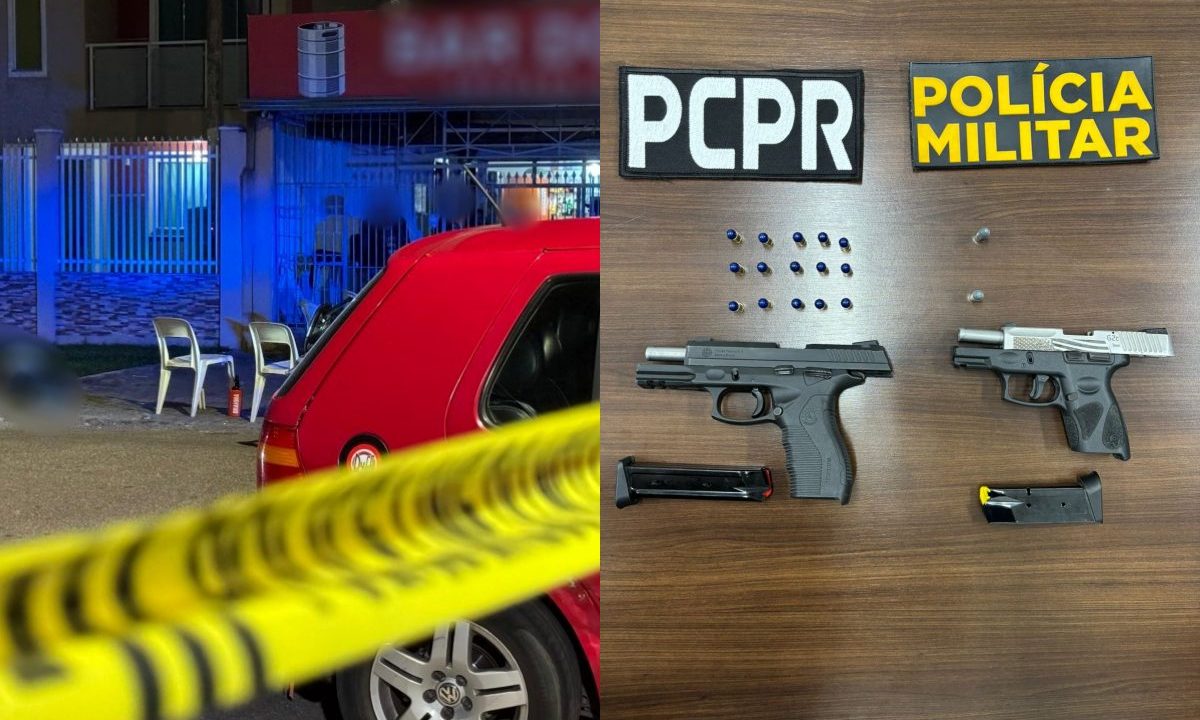 Colagem de duas fotos mostra, à esquerda, corpo de empresário executado a tiros em frente a bar. Ele está caído sobre uma calçada, ao lado de uma mesa branca de plástico. Policial militar e guarda municipal conversam enquanto observam o corpo. Um carro vermelho ocupa parte da foto, em primeiro plano. À direita, duas pistolas de calibre 9mm e .380 posicionadas sobre uma mesa de madeira e munições intactas