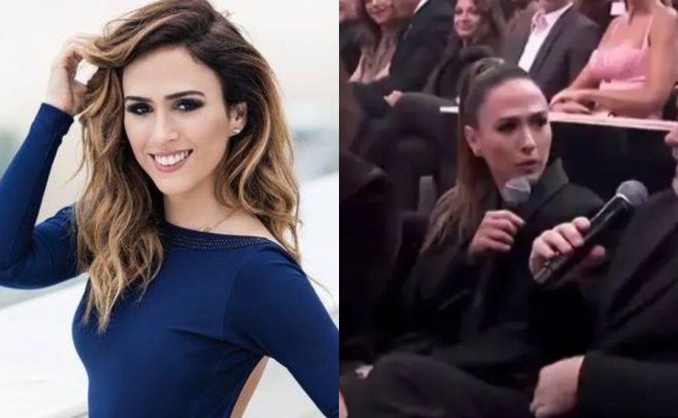 A imagem é uma colagem de duas fotos de Tatá Werneck, atriz da nova novela da Globo. Na primeira, ela aparece com os cabelos soltos, vestindo uma blusa azul em ensaio promocional. Na segunda, ela está com os cabelos presos, de roupas pretas e segurando um microfone durante premiação.