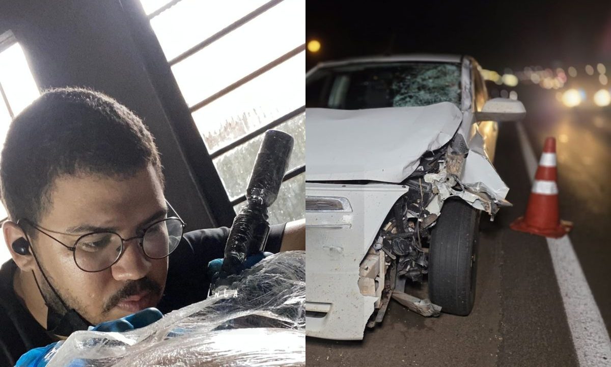 Tatuador que morreu atropelado e carro com a parte da frente amassada na PR-323