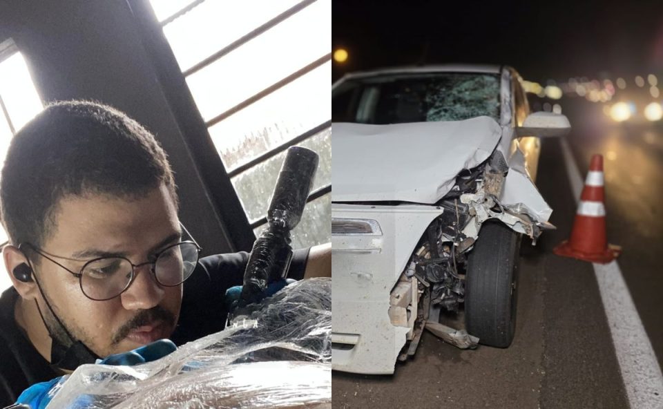 Tatuador que morreu atropelado e carro com a parte da frente amassada na PR-323