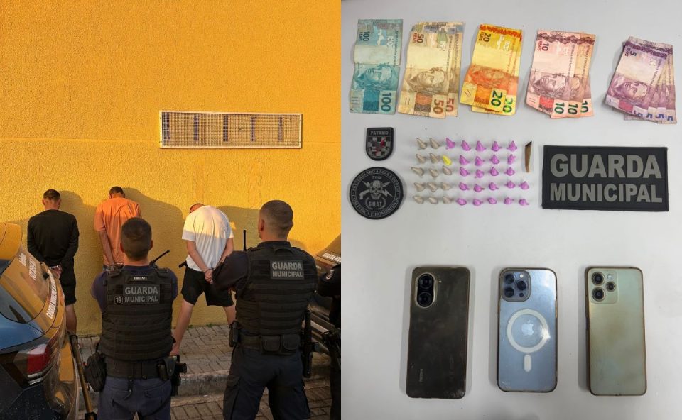 colagem de fotos. à esquerda os três traficantes presos após denúncias por tráfico e ameaças. à direita, foto das drogas e celulares apreendidos