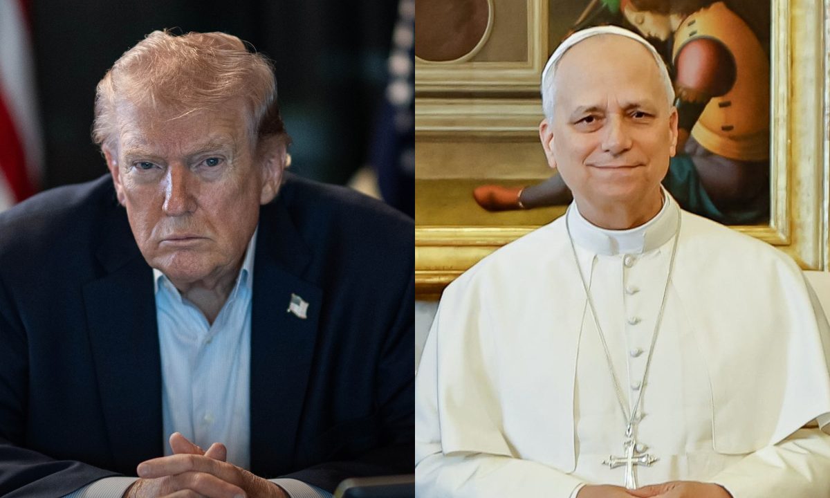Colagem de fotos do presidente Donald Trump e do Papa Leão XIV.
