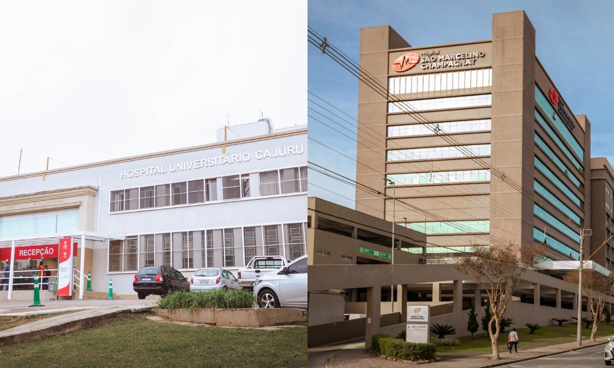 Fachadas dos hospitais Universitário Cajuru e São Marcelino Champagnat, em Curitiba, que tiveram UTIs reconhecidas entre as melhores do Brasil.