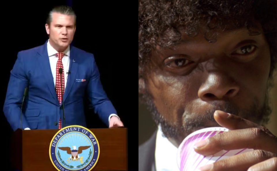 Colagem de duas imagens: frame do vídeo em que o secretário de Defesa dos EUA cita um versículo bíblico fake do filme "Pulp Fiction"; ao lado, o personagem Jules do filme, interpretado por Samuel L. Jackson.