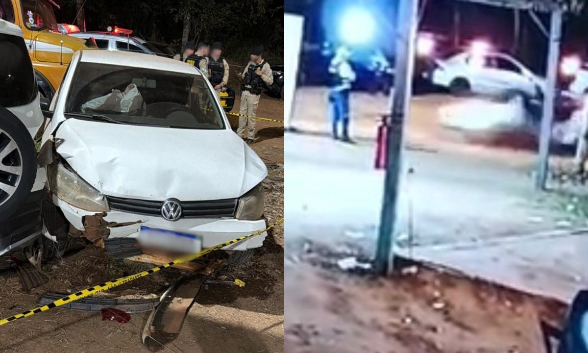 A primeira foto mostra como ficou o carro do jovem depois de atropelar dois seguranças em uma festa municipal. A segunda foto é uma captura de um dos trechos do vídeo que flagrou o atropelamento.