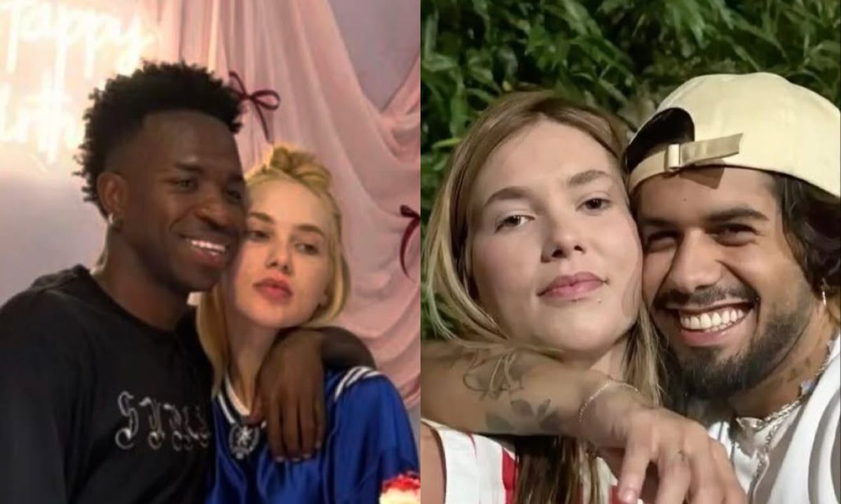 A imagem é uma colagem de duas fotos da influenciadora Virginia Fonseca. Na primeira, ela aparece ao lado do namorado, Vini Jr.; na segunda, ao lado do ex-marido, Zé Felipe. Em ambas ela aparece com expressão séria.