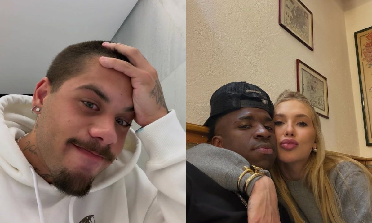 Fotos de Zé Felipe com a mão na cabeça ao lado do casal Vini Jr. e Virginia