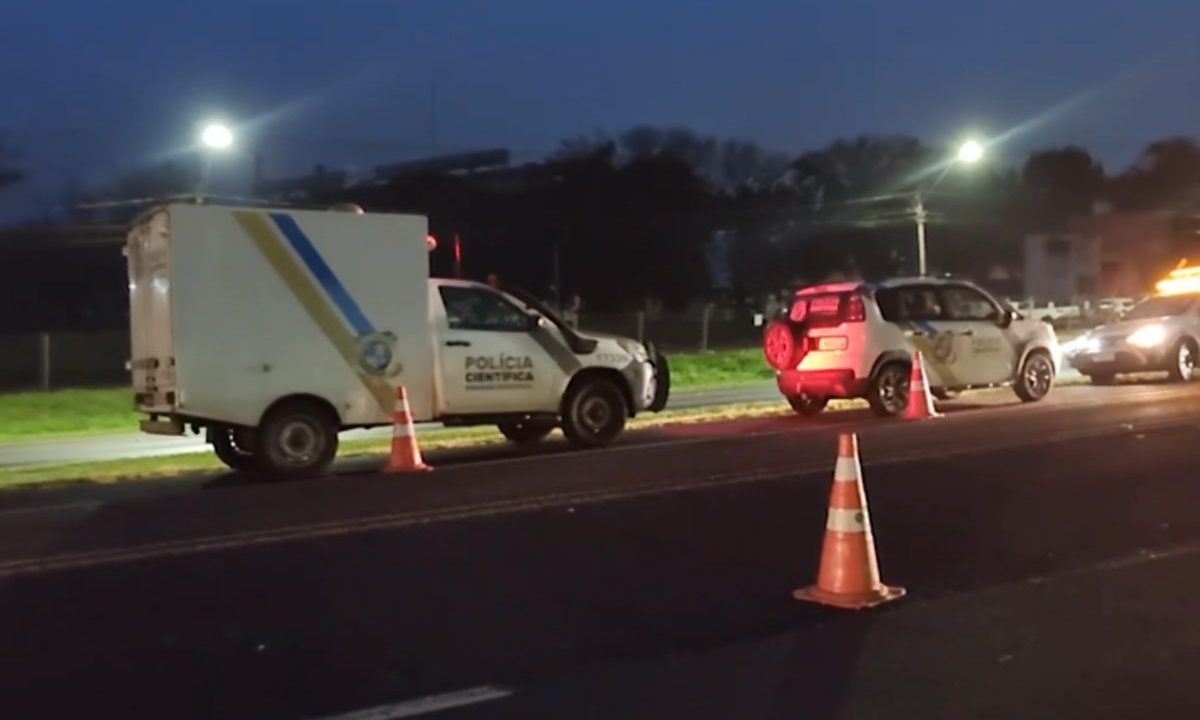 Imagem mostra equipes de socorro ao motorista que foi atropelado ao atravessar rodovia