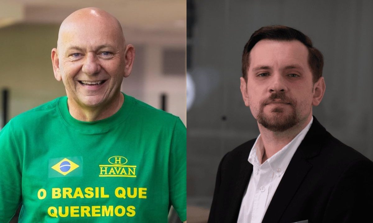 O multimilionário Luciano Hang veste camiseta do brasil da Havan e aparece ao lado de seu primo, Jordan Hang aparece de terno e gravata