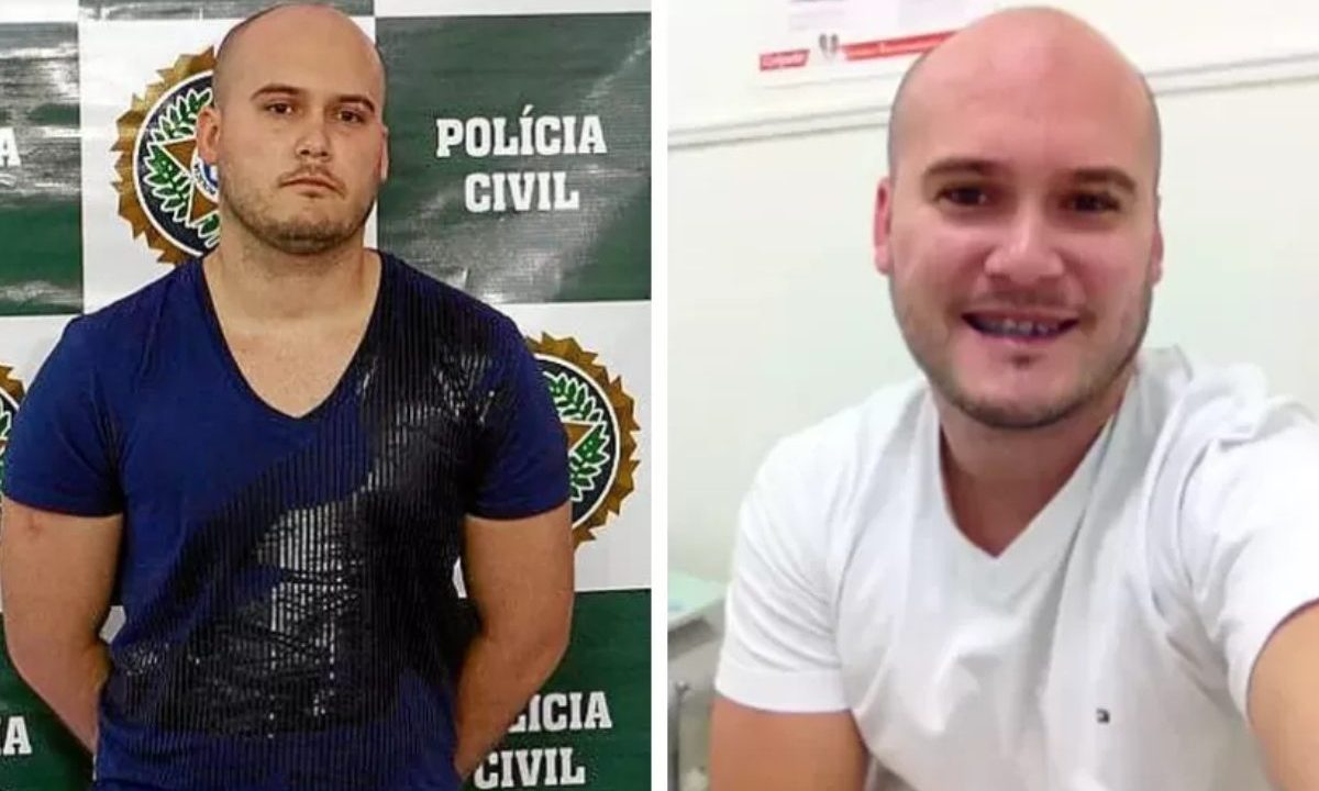 O dentista André Luiz Medeiros Biazucci Cardoso, de 39 anos, à esquerda algemado, após ser preso pelo crime que não cometeu. E na foto da direita, o dentista vestindo um camiseta branca e posando para a foto em formato de selfie.