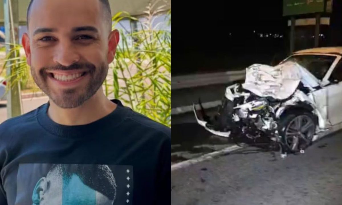 Na imagem da esquerda aparece o vice-prefeito sorrido e na direita parte do carro destruído após colisão