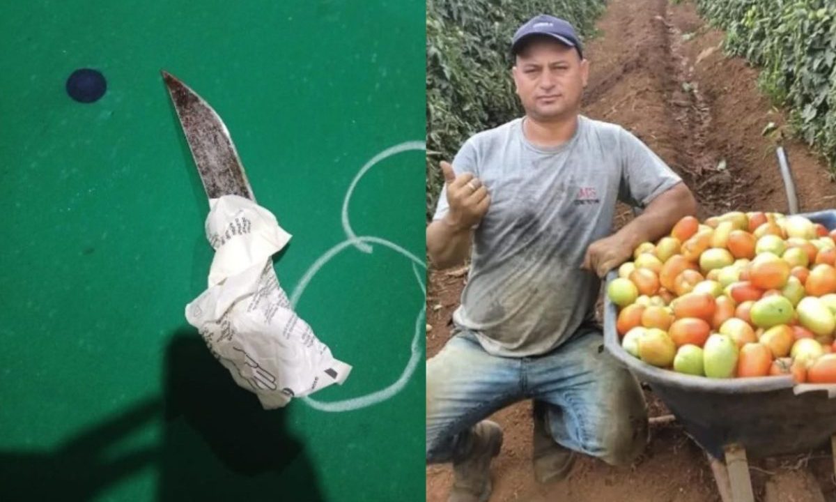 À esquerda, faca utilizada no crime, embalada em um papel, sobre uma mesa. À direita Sedimar, vítima do ataque, agachado do lado de um carrinho de mão repleto de tomates, durante o trabalho.