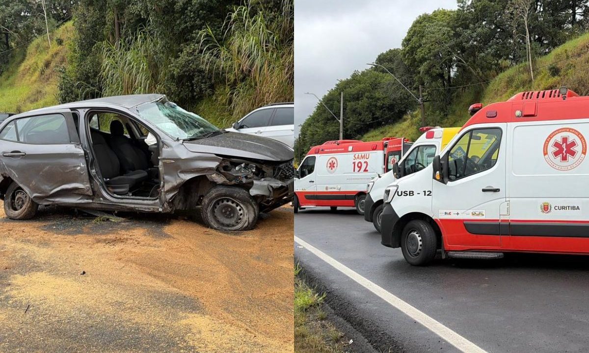 Montagem com duas fotos de um acidente na BR-277. À esquerda, um Fiat Argo cinza com a lateral e a frente completamente destruídas após capotamento. À direita, três ambulâncias do SAMU estacionadas no acostamento da rodovia sob céu nublado.