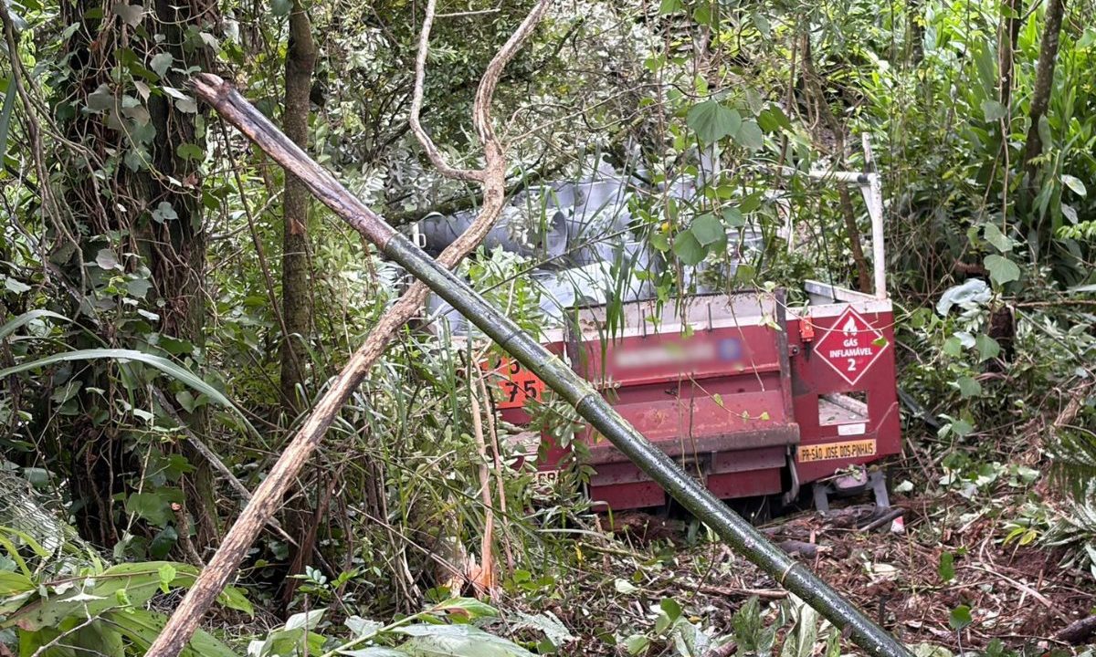 Foto mostra um caminhão de gás no meio do mato em uma ribanceira após um acidente em Campo Magro.