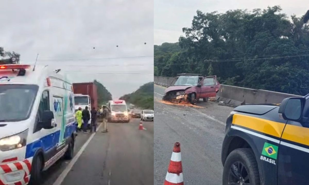 Montagem com duas fotos do atendimento ao grave acidente na BR-277, em Paranaguá. À esquerda, ambulâncias e equipes de resgate na rodovia. À direita, carro vermelho destruído na lateral da pista e viatura da PRF em primeiro plano.
