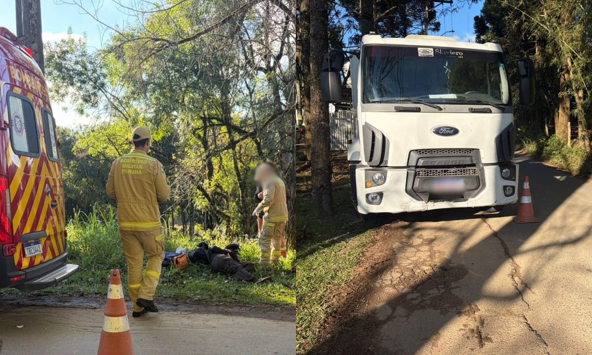 Bombeiros atendem motociclista ferida após acidente de moto com caminhão em curva da Rua José Kleina, em Almirante Tamandaré.