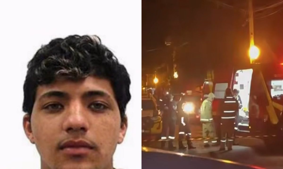 colagem de fotos. à esquerda, foto do adolescente executado a tiros para fora de bar. à direta, foto do local do assassinato