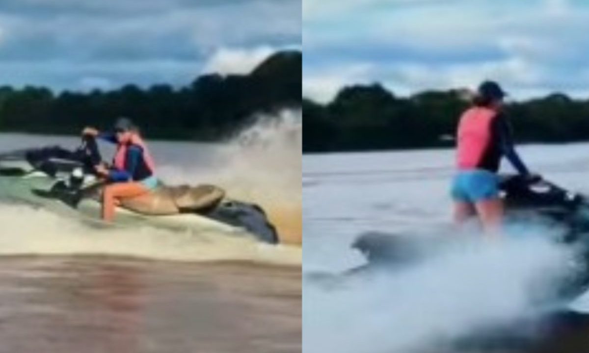 Na imagem aparece a advogada realizando manobras de jetski antes de cair e desparecer na água na Prainha, na Ilha do Combu, em Belém.